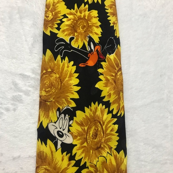 Looney Tunes Mania Tie Taz Bugs Daffy Sylvester Sunflowers Silk 1994 VTG - Picture 4 of 11
